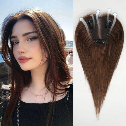 Perruque brune clip-in cheveux naturels longs pour un look lisse et élégant.