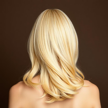 Femme de dos portant une perruque blonde longue