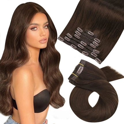 Extensions à clip brun naturel pour cheveux longs et volumineux, look élégant et réaliste.