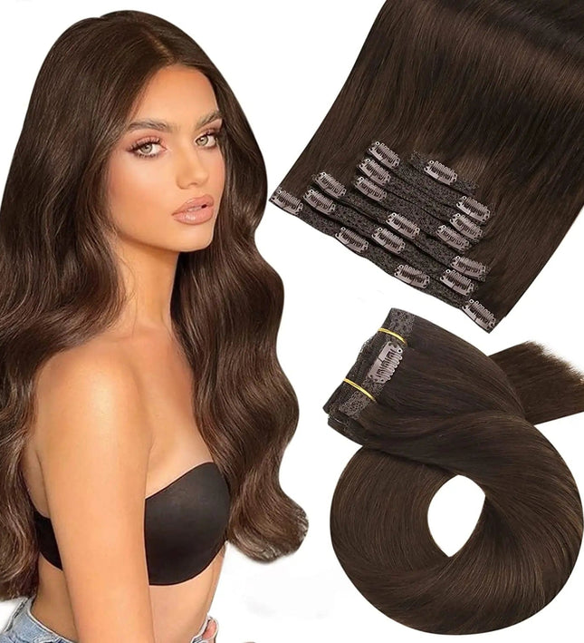 Extensions à clip brun naturel pour cheveux longs et volumineux, look élégant et réaliste.