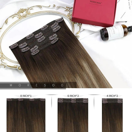 Extensions de cheveux clip-in brun foncé naturels pour un look élégant et sophistiqué.