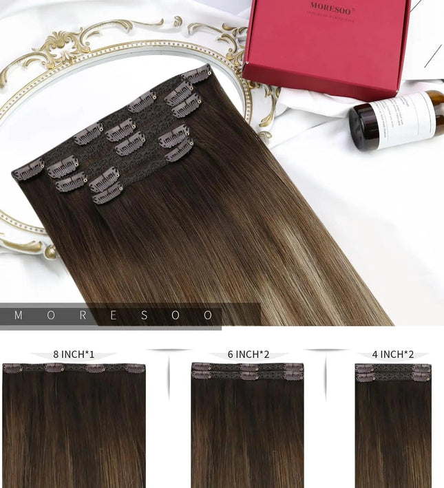 Extensions de cheveux clip-in brun foncé naturels pour un look élégant et sophistiqué.