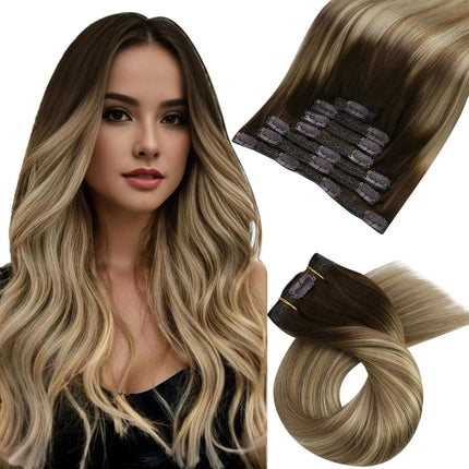 Extension à clip en cheveux naturels, ombrés bruns et blonds pour un look glamour.