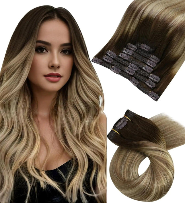 Extension à clip en cheveux naturels, ombrés bruns et blonds pour un look glamour.