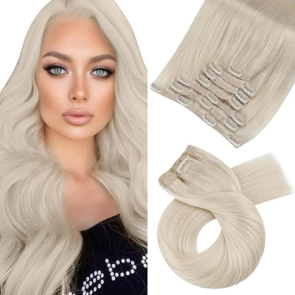 Extensions capillaires clip-in blond platine pour un look élégant et naturel