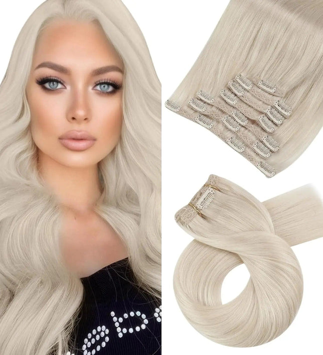 Extensions capillaires clip-in blond platine pour un look élégant et naturel