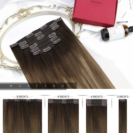 Extension clip-in en cheveux naturels bruns longs pour un look élégant et volumineux.