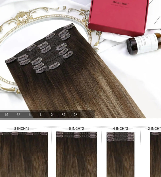 Extension clip-in en cheveux naturels bruns longs pour un look élégant et volumineux.