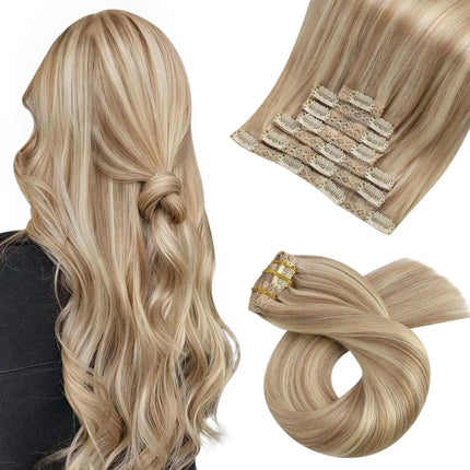 Extensions de cheveux lisses en clip couleur blond cendré pour un look naturel et volumineux