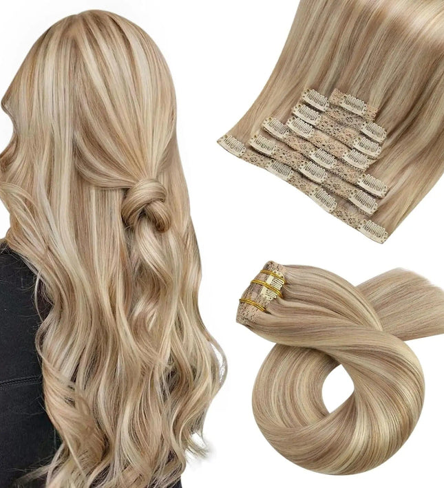 Extensions de cheveux lisses en clip couleur blond cendré pour un look naturel et volumineux