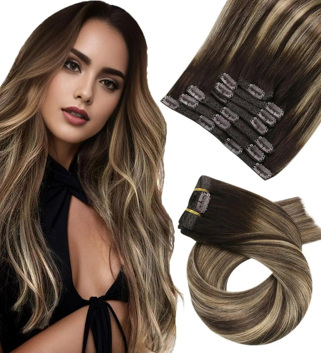 Extensions de cheveux longs à clip brune en cheveux naturels pour un volume glamour