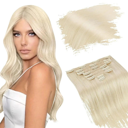 Extension à clip cheveux longs blonds platine ondulés pour un look naturel élégant