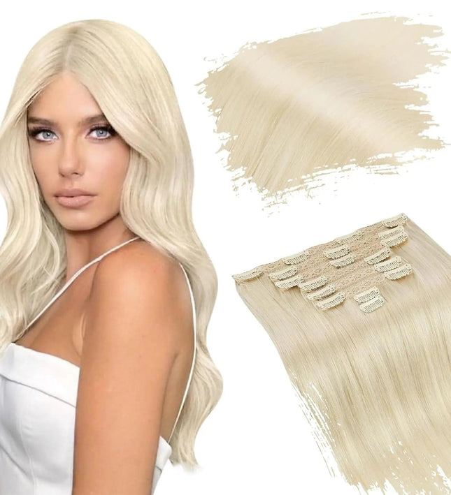 Extension à clip cheveux longs blonds platine ondulés pour un look naturel élégant