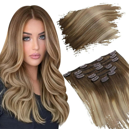 Extension à clip cheveux longs ombrés ondulés, style naturel et luxueux pour femmes