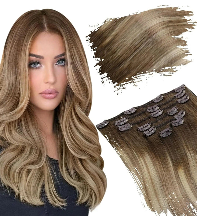 Extension à clip cheveux longs ombrés ondulés, style naturel et luxueux pour femmes