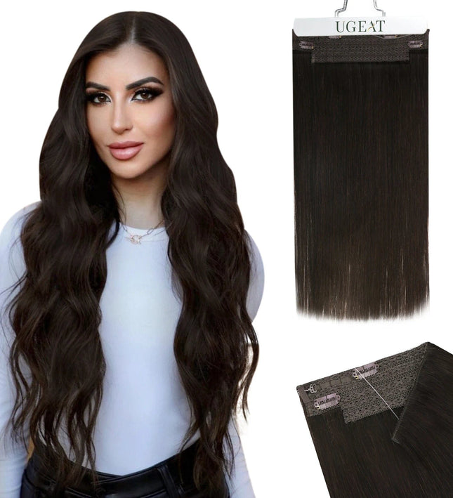 Extension demi-tête avec clips en cheveux naturels longs et ondulés couleur brun foncé