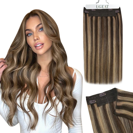 Extension demi-tête à clip cheveux longs ondulés en couleur châtain et blond naturel