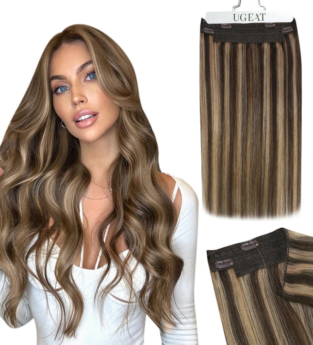 Extension demi-tête à clip cheveux longs ondulés en couleur châtain et blond naturel