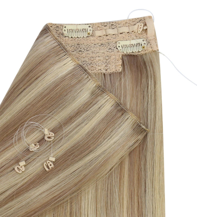 Extension clip-in demi-tête cheveux longs naturels couleur blond clair.