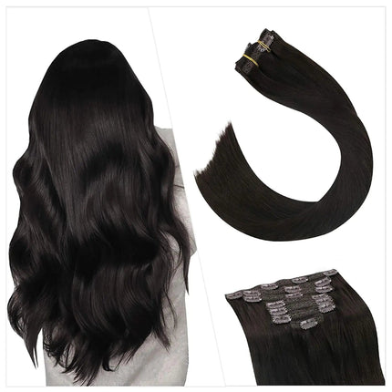 Extensions de cheveux naturels à clip, lisses et brunes pour un style élégant et raffiné.