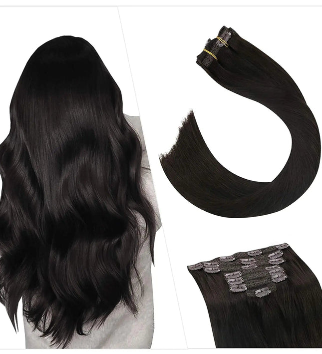 Extensions de cheveux naturels à clip, lisses et brunes pour un style élégant et raffiné.