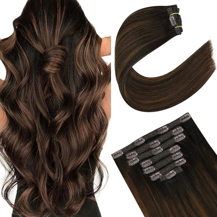 Extension de cheveux naturels brun foncé avec clips pour look volumineux et élégant