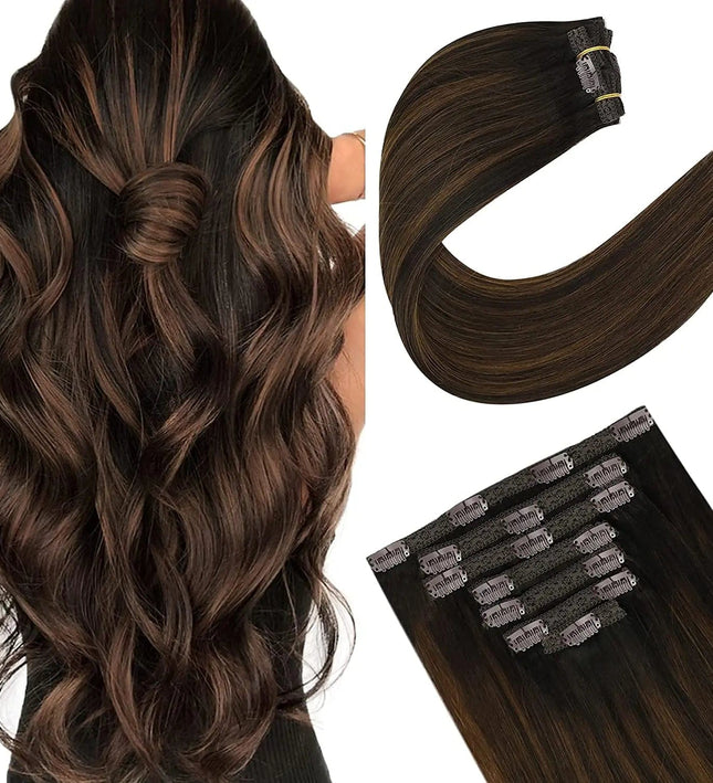 Extension de cheveux naturels brun foncé avec clips pour look volumineux et élégant