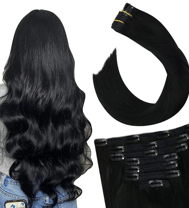 Extensions clip-in naturelles noires ondulées pour un look glamour et sophistiqué