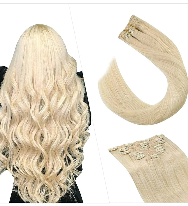 Extension de cheveux blonds raides à clip pour un look naturel et glamour élégant.