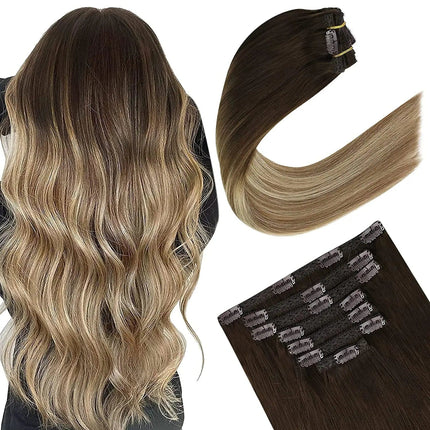 Extensions de cheveux à clip ombré lisses pour un look naturel en brun et blond fondu