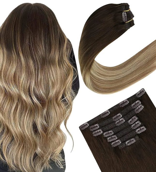 Extensions de cheveux à clip ombré lisses pour un look naturel en brun et blond fondu