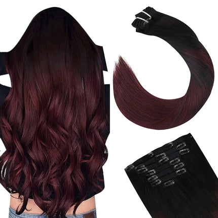 Extension à clip en cheveux naturels couleur bordeaux, lisses et ondulés pour volume élégant