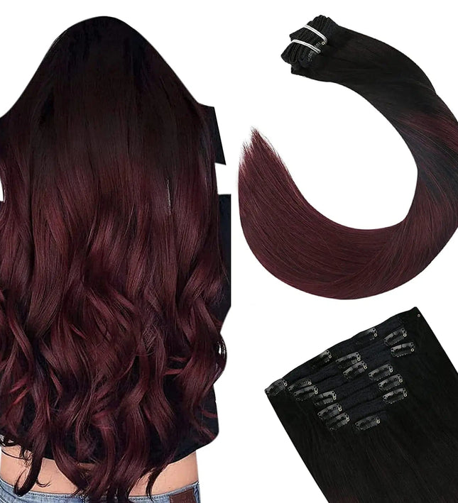 Extension à clip en cheveux naturels couleur bordeaux, lisses et ondulés pour volume élégant