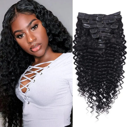 Extensions à clips en cheveux bouclés naturels, longueurs noires pour look élégant et naturel.