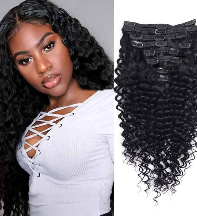 Extensions à clips en cheveux bouclés naturels, longueurs noires pour look élégant et naturel.