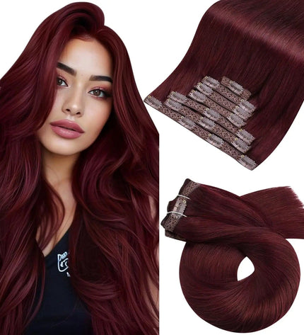 Extension de cheveux naturels à clips, longue et rouge pour un look glamour et élégant