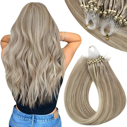 Extensions de cheveux naturels à froid ondulés en couleur blond cendré pour femme.