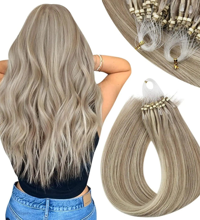 Extensions de cheveux naturels à froid ondulés en couleur blond cendré pour femme.