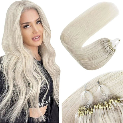 Extensions à froid en cheveux naturels longs et lisses couleur blond platine élégant