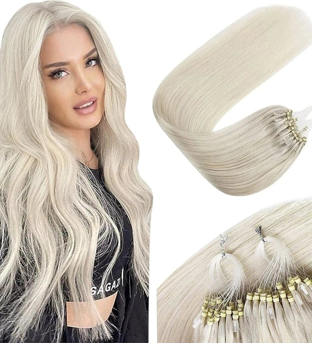 Extensions à froid en cheveux naturels longs et lisses couleur blond platine élégant