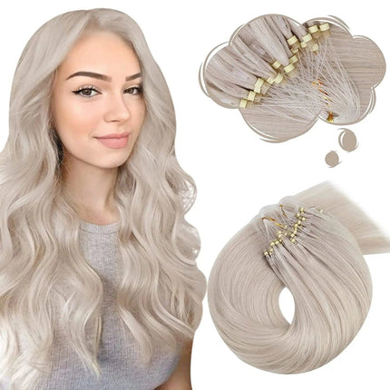 Extension de cheveux naturels longs en blond platine pour un look élégant et sophistiqué