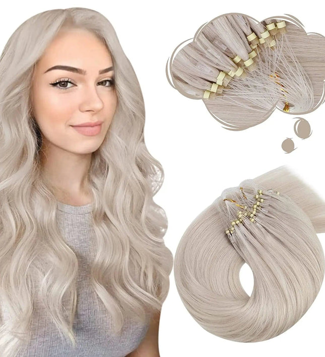 Extension de cheveux naturels longs en blond platine pour un look élégant et sophistiqué