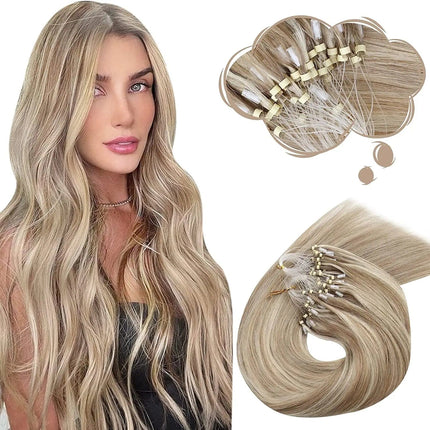 Extension à froid en cheveux longs naturels couleur blond cendré pour un look élégant