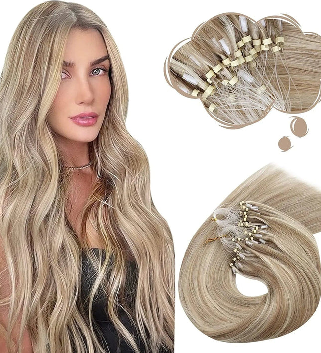 Extension à froid en cheveux longs naturels couleur blond cendré pour un look élégant