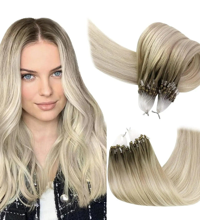 Extensions de cheveux à froid blond platine longues et raides avec micro anneaux invisibles