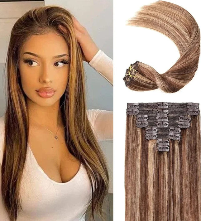 Extension clip-in lisse couleur blond naturel pour un look élégant et soigné