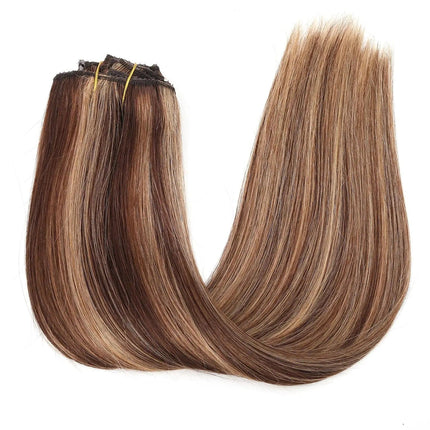 Extensions clip-in en cheveux naturels raides couleur châtain clair et blond clair