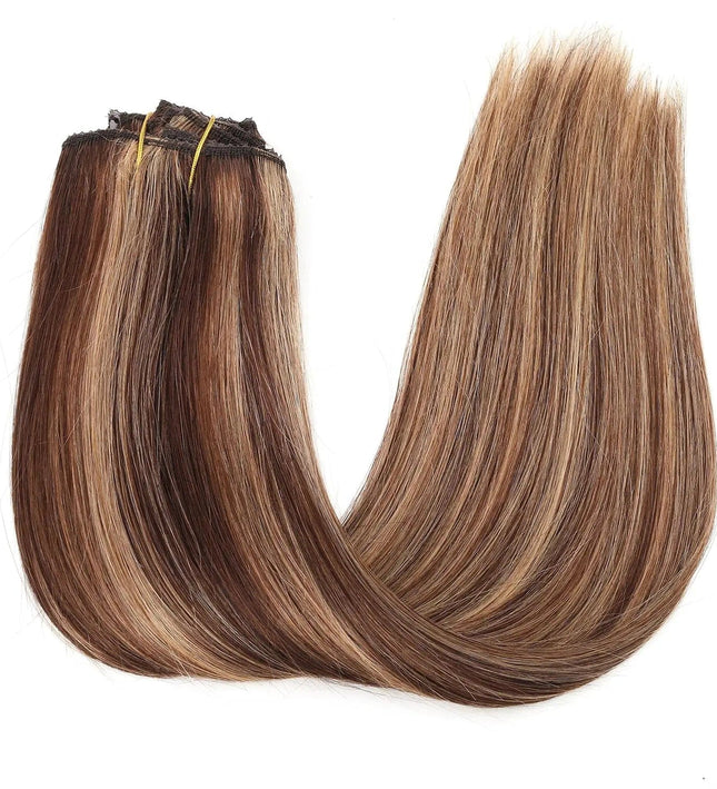 Extensions clip-in en cheveux naturels raides couleur châtain clair et blond clair