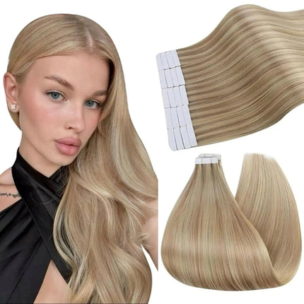 Extensions de cheveux adhésives longues et raides en blond naturel pour look sophistiqué