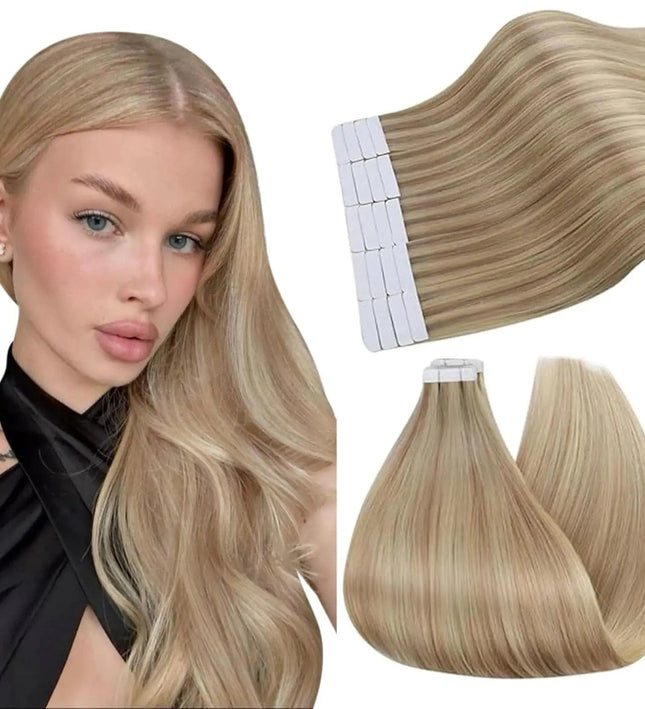 Extensions de cheveux adhésives longues et raides en blond naturel pour look sophistiqué